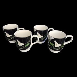 Sango Quadrille Black Lilies Mugs Set of 4 Semi Porcelain Korea